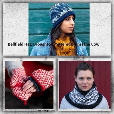 Bellfield Hat, Broughton mittens, Brunstane Cowl (2020)